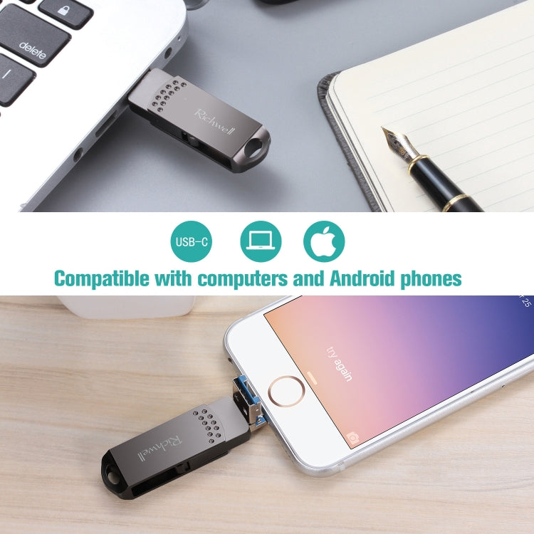 Richwell 32G Type-C + 8 Pin + USB 3.0 Metal Flash Disk with OTG Function(Rose Gold) - U Disk & Card Reader by Richwell | Online Shopping UK | buy2fix
