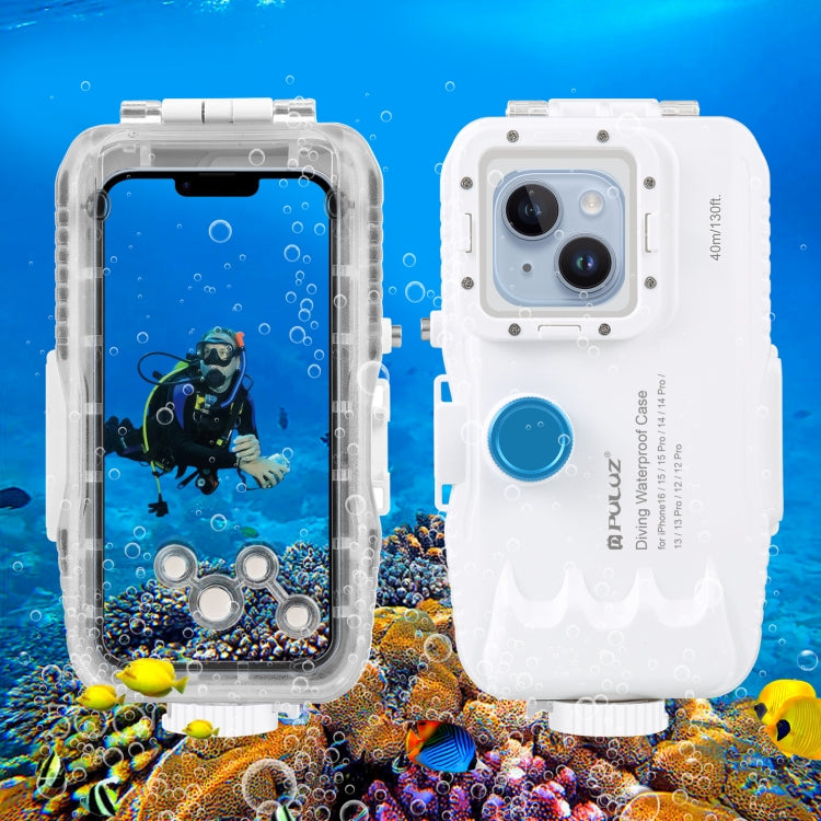 PULUZ 40m/130ft Waterproof Diving Case for iPhone 16 / 15 / 15 Pro / 14 / 14 Pro / 13 / 13 Pro / 12 / 12 Pro, with One-way Valve Photo Video Taking Underwater Housing Cover(White) - iPhone 14 Cases by PULUZ | Online Shopping UK | buy2fix