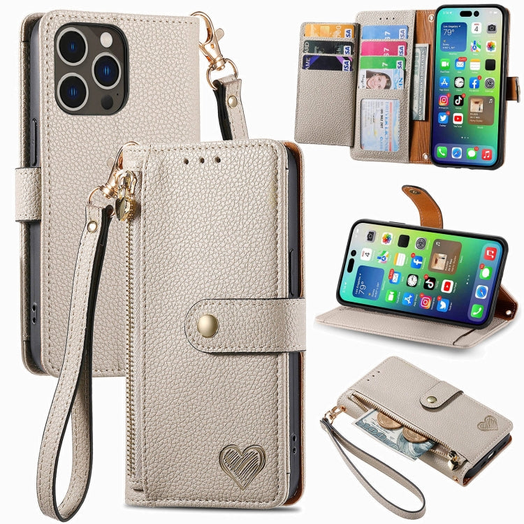 For iPhone 16 Pro Love Zipper Lanyard Leather Phone Case(Gray) - iPhone 16 Pro Cases by buy2fix | Online Shopping UK | buy2fix