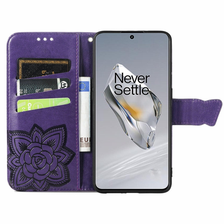 For OnePlus 12 Butterfly Love Flower Embossed Leather Phone Case(Dark Purple) - OnePlus Cases by buy2fix | Online Shopping UK | buy2fix