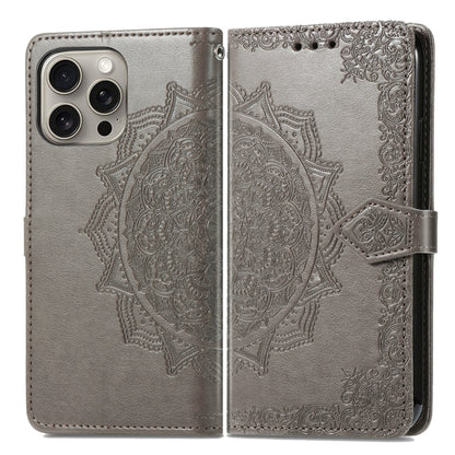 For iPhone 16 Pro Mandala Flower Embossed Leather Phone Case(Gray) - iPhone 16 Pro Cases by buy2fix | Online Shopping UK | buy2fix