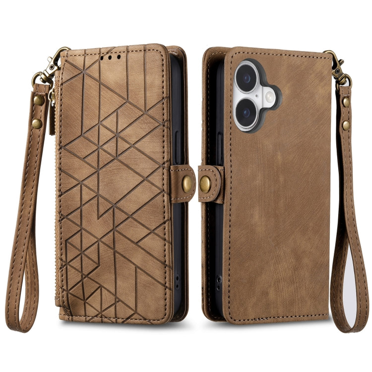 For iPhone 16 Geometric Zipper Wallet Side Buckle Leather Phone Case(Brown) - iPhone 16 Cases by buy2fix | Online Shopping UK | buy2fix