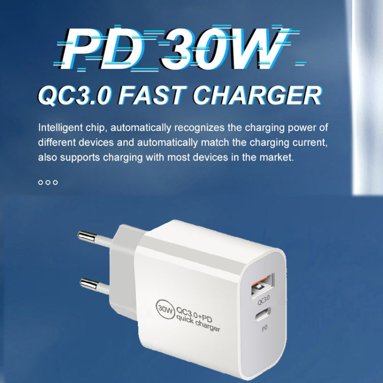 PD30W USB-C / Type-C + QC3.0 USB Dual Port Charger with 1m Type-C to 8 Pin Data Cable, EU Plug - USB Charger by buy2fix | Online Shopping UK | buy2fix