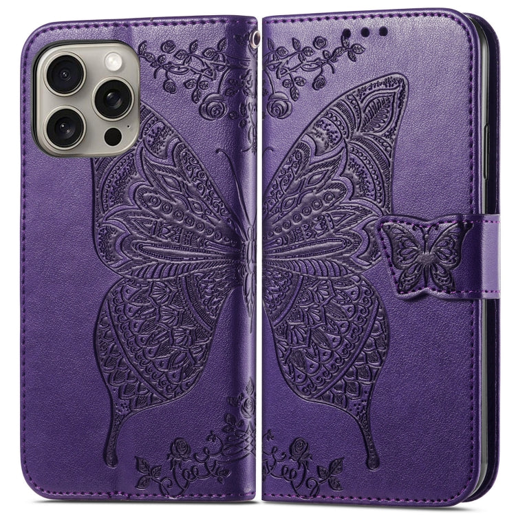 For iPhone 16 Pro Max Butterfly Love Flower Embossed Leather Phone Case(Purple) - iPhone 16 Pro Max Cases by buy2fix | Online Shopping UK | buy2fix