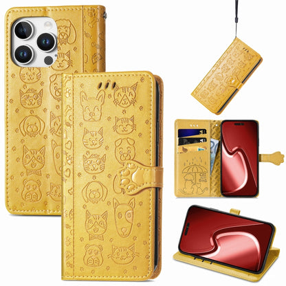 For iPhone 16 Pro Max Cat and Dog Embossed Leather Phone Case(Yellow) - iPhone 16 Pro Max Cases by buy2fix | Online Shopping UK | buy2fix