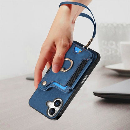 For iPhone 16 Plus Retro Skin-feel Ring Multi-card Wallet Phone Case(Blue) - iPhone 16 Plus Cases by buy2fix | Online Shopping UK | buy2fix