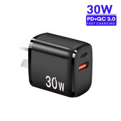 PD30W USB-C / Type-C + QC3.0 USB Charger with 1m USB to Type-C Data Cable, AU Plug(Black) - USB Charger by buy2fix | Online Shopping UK | buy2fix