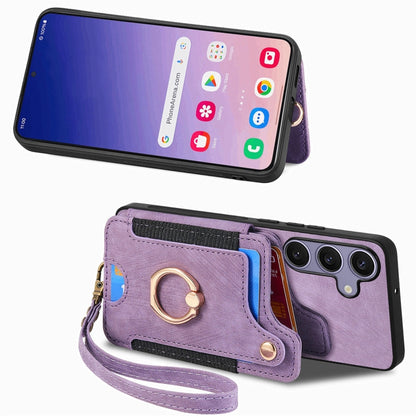 For Samsung Galaxy S25+ 5G Retro Skin-feel Ring Multi-card Wallet Phone Case(Purple) - Galaxy S25+ 5G Cases by buy2fix | Online Shopping UK | buy2fix