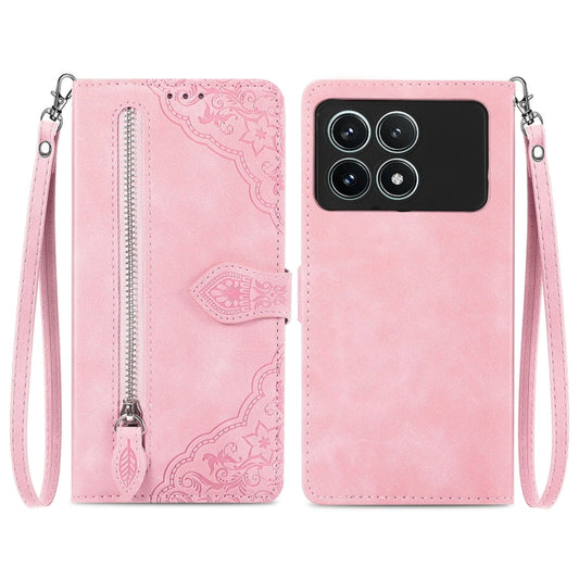 For Xiaomi Redmi K70 Pro Embossed Flower Zipper Leather Phone Case(Pink) - K70 Pro Cases by buy2fix | Online Shopping UK | buy2fix