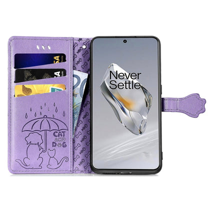 For OnePlus 12 Cat and Dog Embossed Leather Phone Case(Purple) - OnePlus Cases by buy2fix | Online Shopping UK | buy2fix