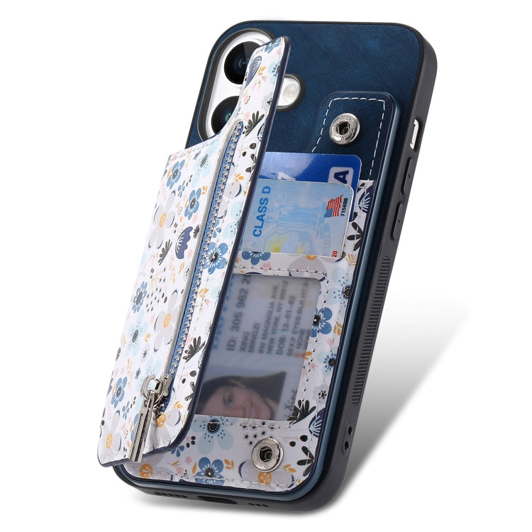 For iPhone 16 Retro Painted Zipper Wallet Back Phone Case(Blue) - iPhone 16 Cases by buy2fix | Online Shopping UK | buy2fix