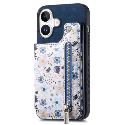 For iPhone 16 Plus Retro Painted Zipper Wallet Back Phone Case(Blue) - iPhone 16 Plus Cases by buy2fix | Online Shopping UK | buy2fix