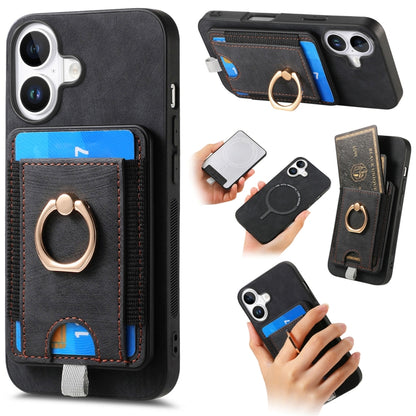 For  iPhone 16 Retro Splitable Magnetic Card Bag Leather Phone Case(Black) - iPhone 16 Cases by buy2fix | Online Shopping UK | buy2fix