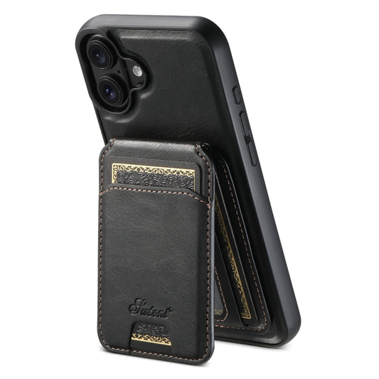 For iPhone 16 Suteni H15 MagSafe Oil Eax Leather Detachable Wallet Back Phone Case(Black) - iPhone 16 Cases by Suteni | Online Shopping UK | buy2fix