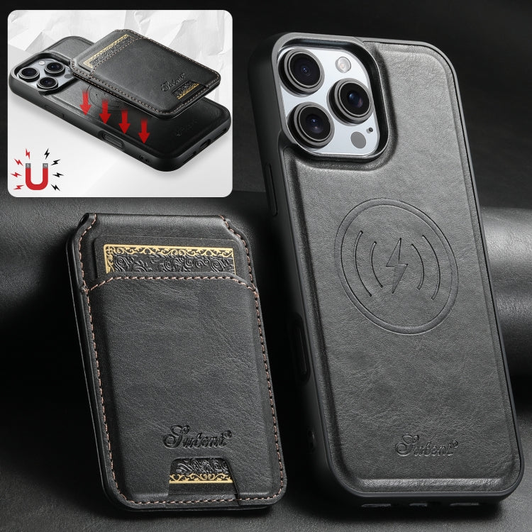 For iPhone 16 Suteni H15 MagSafe Oil Eax Leather Detachable Wallet Back Phone Case(Black) - iPhone 16 Cases by Suteni | Online Shopping UK | buy2fix