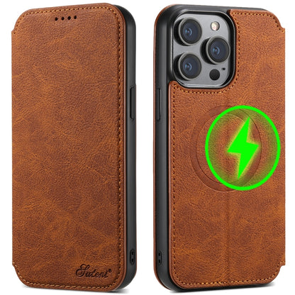 For iPhone 15 Pro Suteni J06 Retro Matte Litchi Texture Leather Magnetic Magsafe Phone Case(Brown) - iPhone 15 Pro Cases by Suteni | Online Shopping UK | buy2fix