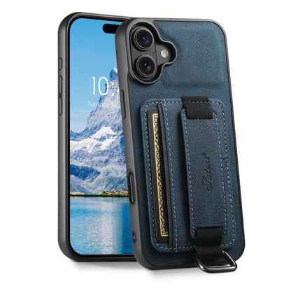 For iPhone 16 Suteni H13 Litchi Leather Wrist Strap Wallet Back Phone Case(Blue) - iPhone 16 Cases by Suteni | Online Shopping UK | buy2fix