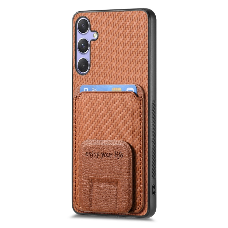 For Samsung Galaxy S25 Ultra 5G Carbon Fiber Card Bag Fold Stand Phone Case(Brown) - Galaxy S25 Ultra 5G Cases by buy2fix | Online Shopping UK | buy2fix