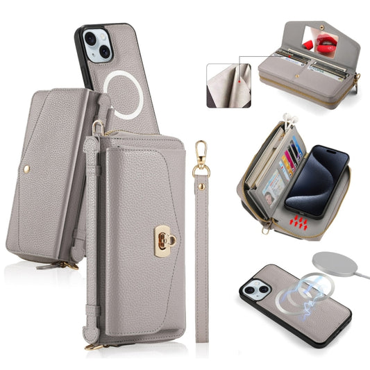 For iPhone 15 Plus MagSafe Crossbody Multi-functional Zipper Wallet Litchi Leather Phone Case(Grey) - iPhone 15 Plus Cases by buy2fix | Online Shopping UK | buy2fix