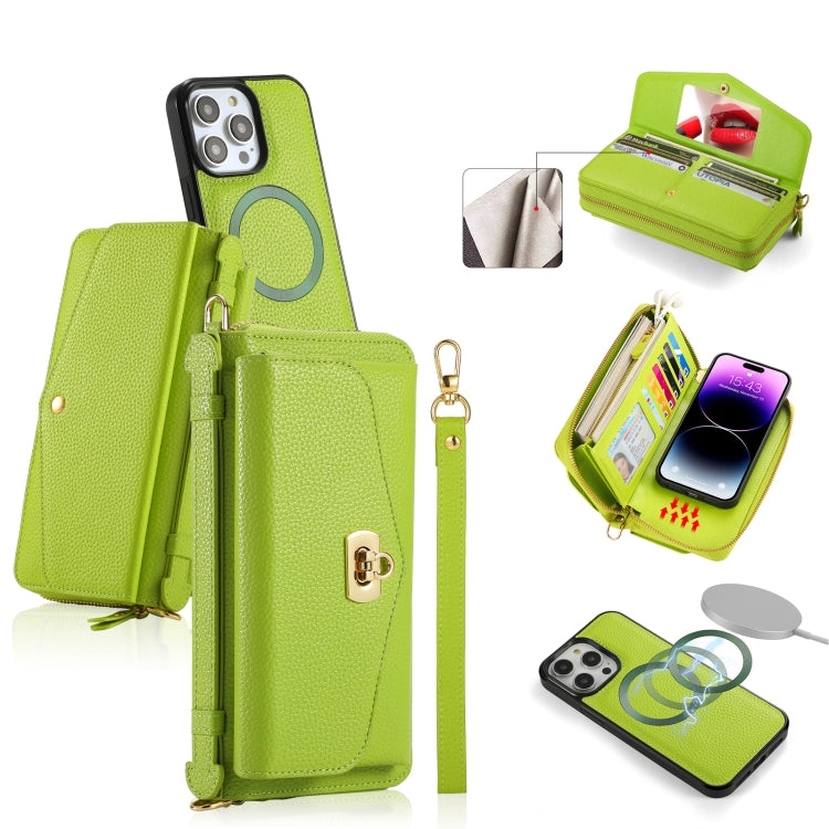 For iPhone 14 Pro MagSafe Crossbody Multi-functional Zipper Wallet Litchi Leather Phone Case(Green) - iPhone 14 Pro Cases by buy2fix | Online Shopping UK | buy2fix