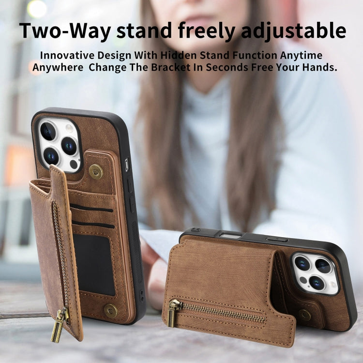 For iPhone 16 Pro Retro Leather Zipper Wallet Back Phone Case(Brown) - More iPhone Cases by buy2fix | Online Shopping UK | buy2fix