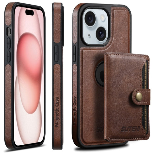 For iPhone 15 Suteni M1 Oil Wax MagSafe Detachable Horizontal Card Bag Phone Case(Brown) - iPhone 15 Cases by Suteni | Online Shopping UK | buy2fix