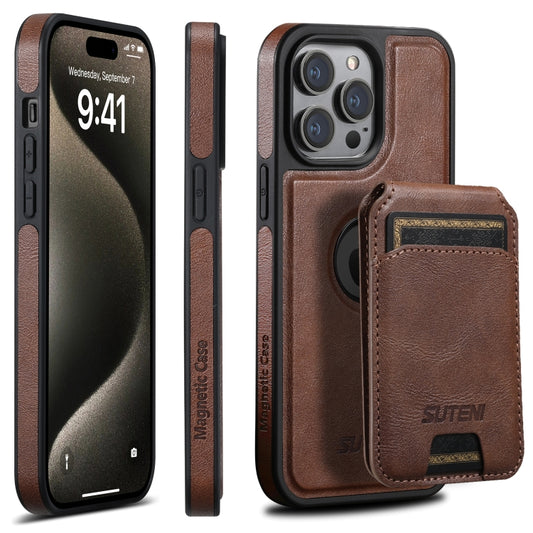 For iPhone 15 Pro Suteni M2 Oil Wax MagSafe Horizontal Card Bag Phone Case(Brown) - iPhone 15 Pro Cases by Suteni | Online Shopping UK | buy2fix