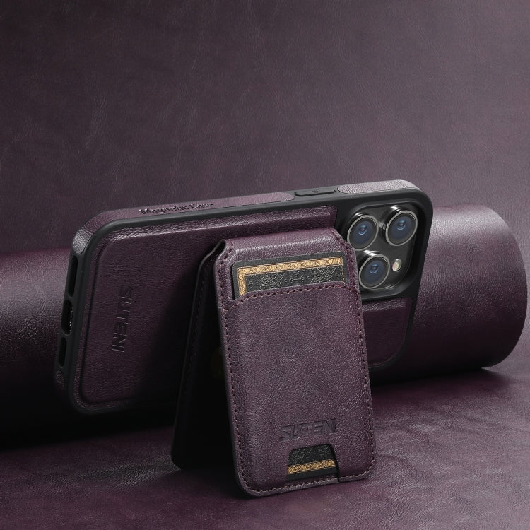 For iPhone 14 Plus Suteni M2 Oil Wax MagSafe Horizontal Card Bag Phone Case(Purple) - iPhone 14 Plus Cases by Suteni | Online Shopping UK | buy2fix