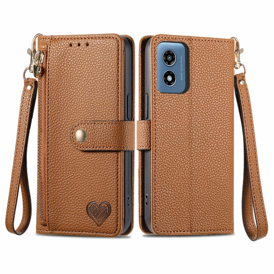 For Motorola Moto G Play 2024 Love Zipper Lanyard Leather Phone Case(Brown) - Motorola Cases by buy2fix | Online Shopping UK | buy2fix
