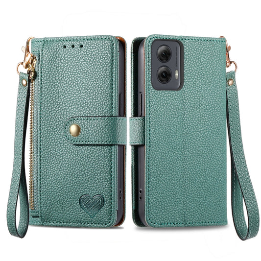 For Motorola Moto G Power 5G 2024 Love Zipper Lanyard Leather Phone Case(Green) - Motorola Cases by buy2fix | Online Shopping UK | buy2fix