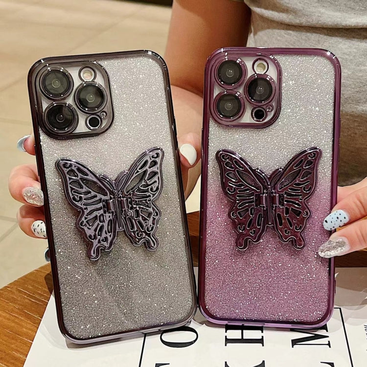 For iPhone 16 Pro Max Electroplated Gradient Glitter 3D Butterfly TPU Phone Case(Gradient Purple) - iPhone 16 Pro Max Cases by buy2fix | Online Shopping UK | buy2fix