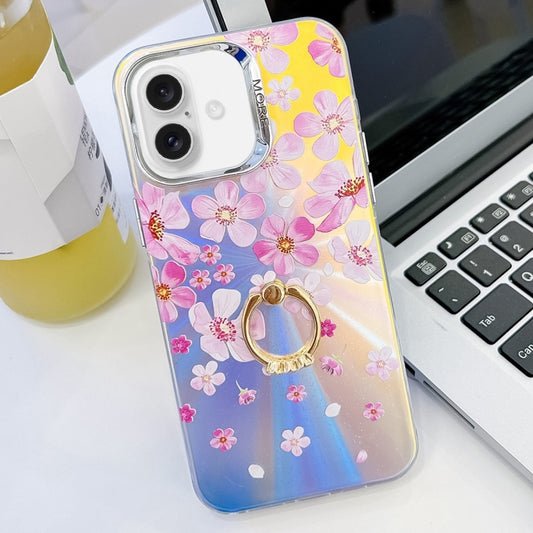 For iPhone 16 Electroplating Laser Flower Ring Holder TPU Phone Case(Pink Flower AH13) - iPhone 16 Cases by buy2fix | Online Shopping UK | buy2fix