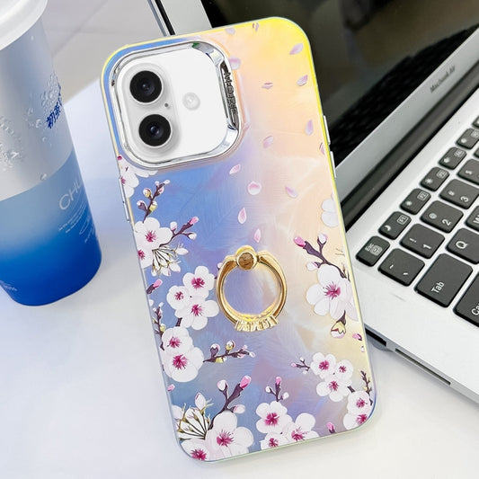 For iPhone 16 Electroplating Laser Flower Ring Holder TPU Phone Case(Plum Blossom AH18) - iPhone 16 Cases by buy2fix | Online Shopping UK | buy2fix