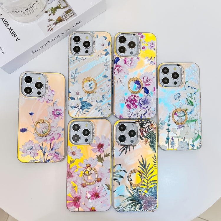 For iPhone 16 Pro Electroplating Laser Flower Ring Holder TPU Phone Case(Peony AH11) - iPhone 16 Pro Cases by buy2fix | Online Shopping UK | buy2fix