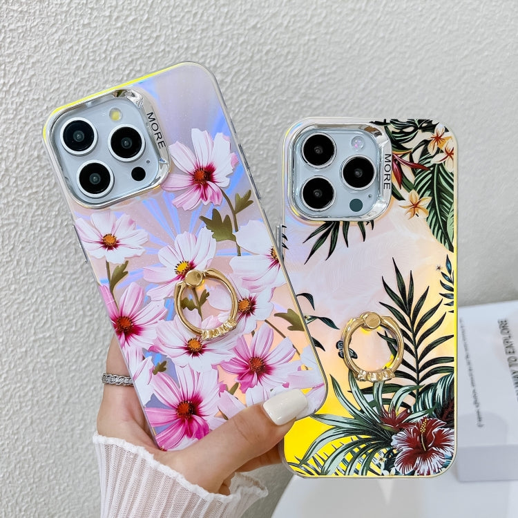 For iPhone 16 Pro Max Electroplating Laser Flower Ring Holder TPU Phone Case(Zinnia AH9) - iPhone 16 Pro Max Cases by buy2fix | Online Shopping UK | buy2fix