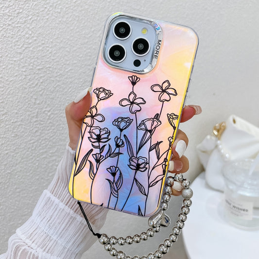 For iPhone 16 Pro Electroplating Laser Flower Phone Case with Wrist Strap(Drawn Flowers AH3) - iPhone 16 Pro Cases by buy2fix | Online Shopping UK | buy2fix