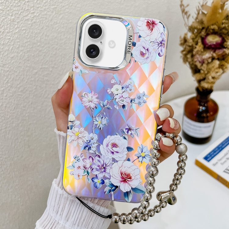 For iPhone 16 Electroplating Laser Flower Phone Case with Wrist Strap(Rose AH15) - iPhone 16 Cases by buy2fix | Online Shopping UK | buy2fix