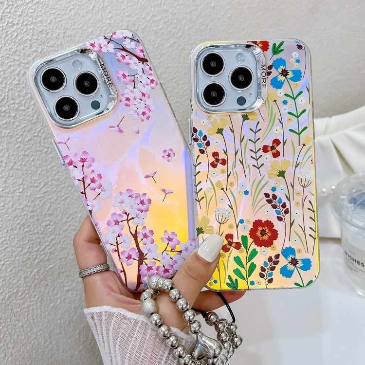 For iPhone 16 Plus Electroplating Laser Flower Phone Case with Wrist Strap(Pink Flower AH13) - iPhone 16 Plus Cases by buy2fix | Online Shopping UK | buy2fix