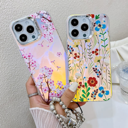 For iPhone 16 Electroplating Laser Flower Phone Case with Wrist Strap(Peony AH11) - iPhone 16 Cases by buy2fix | Online Shopping UK | buy2fix