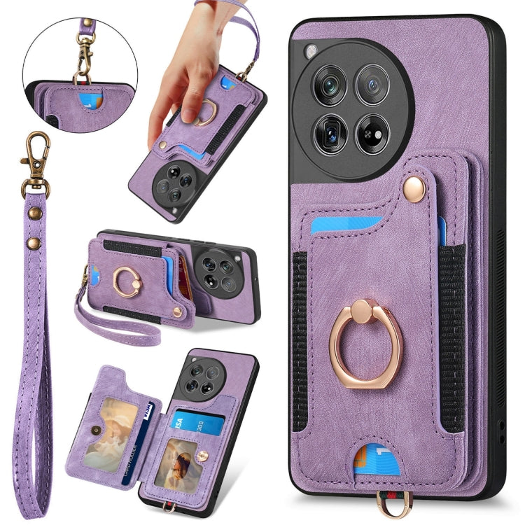 For OnePlus 12 5G Retro Skin-feel Ring Multi-card RFID Wallet Phone Case(Purple) - OnePlus Cases by buy2fix | Online Shopping UK | buy2fix