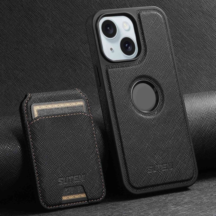 For iPhone 15 Plus Suteni M2 Cross-Grain MagSafe Vertical Card Back Phone Case(Black) - iPhone 15 Plus Cases by Suteni | Online Shopping UK | buy2fix