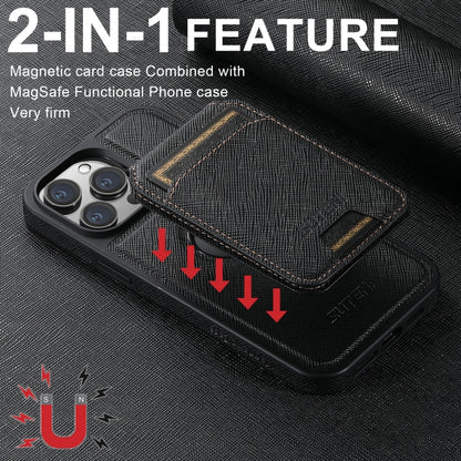 For iPhone 15 Plus Suteni M2 Cross-Grain MagSafe Vertical Card Back Phone Case(Black) - iPhone 15 Plus Cases by Suteni | Online Shopping UK | buy2fix