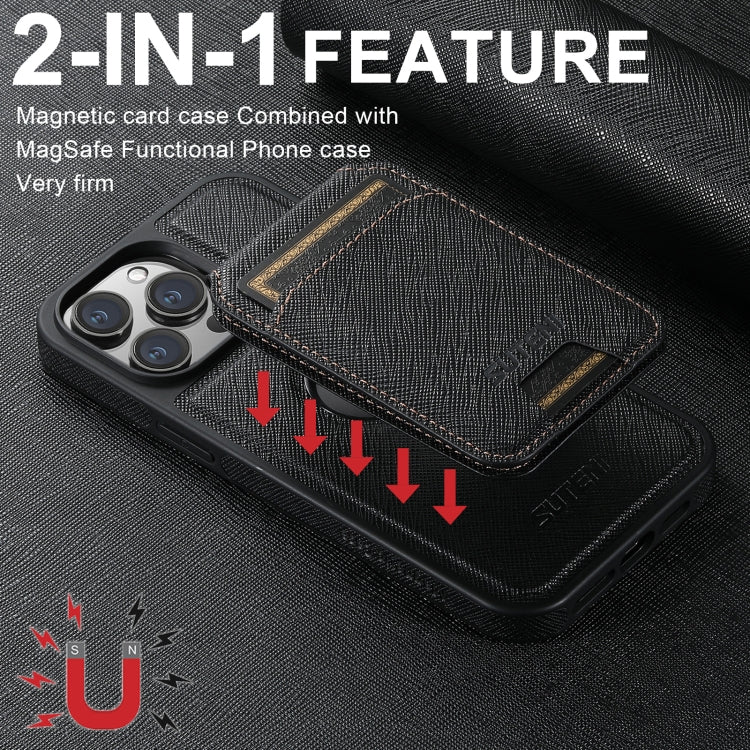 For iPhone 12 Suteni M2 Cross-Grain MagSafe Vertical Card Back Phone Case(Black) - iPhone 12 / 12 Pro Cases by Suteni | Online Shopping UK | buy2fix