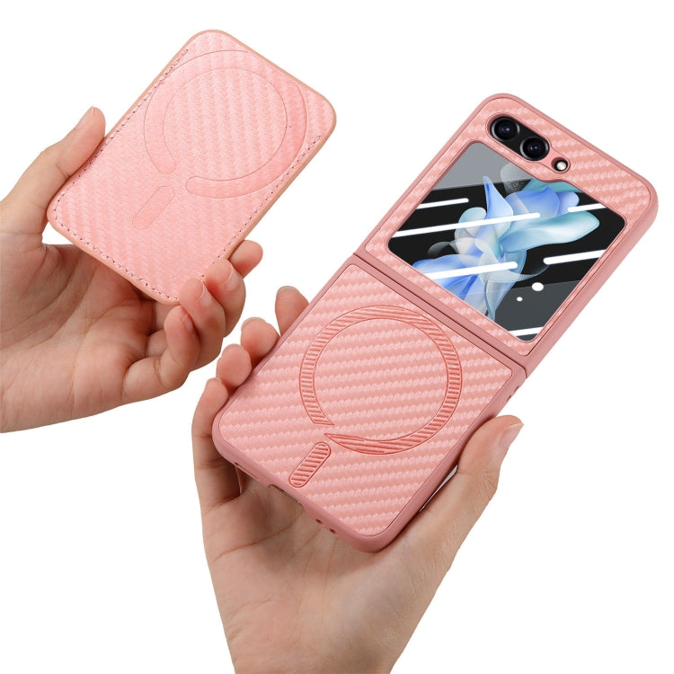 For Samsung Galaxy Z Flip6 Carbon Fiber Ring Card Bag Magsafe Phone Case(Pink) - Galaxy Z Flip6 5G Cases by buy2fix | Online Shopping UK | buy2fix