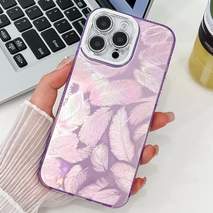 For iPhone 16 Pro Max Plating Glitter Texture TPU Phone Case with Lens Film(Purple Feathers) - iPhone 16 Pro Max Cases by buy2fix | Online Shopping UK | buy2fix