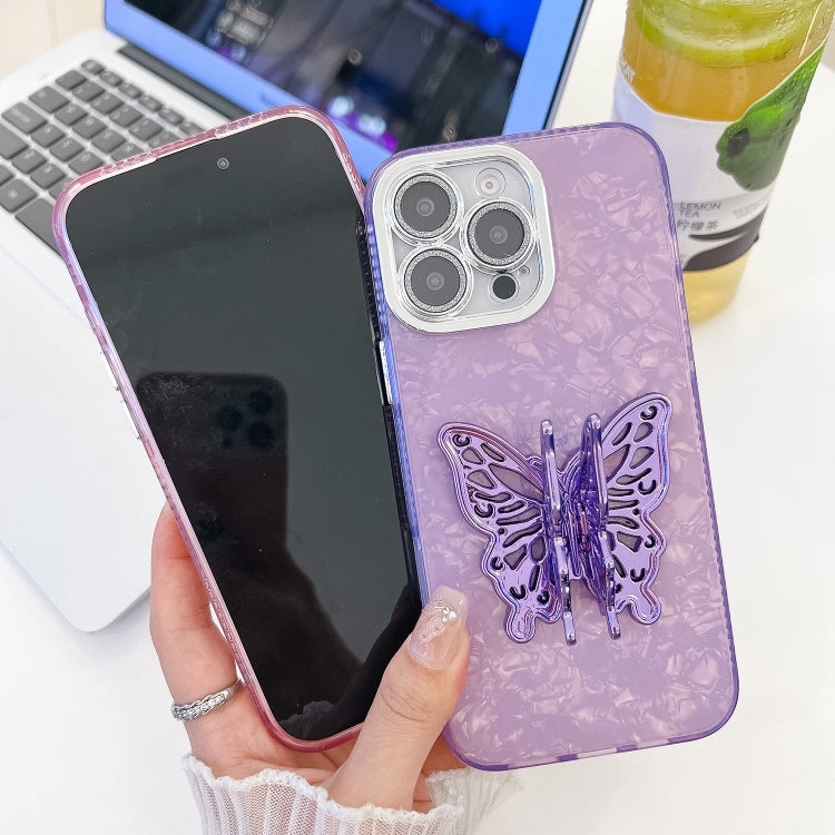 For iPhone 16 Plating Glitter Texture Butterfly Holder TPU Phone Case with Lens Film(Pink Feather Yarn) - iPhone 16 Cases by buy2fix | Online Shopping UK | buy2fix