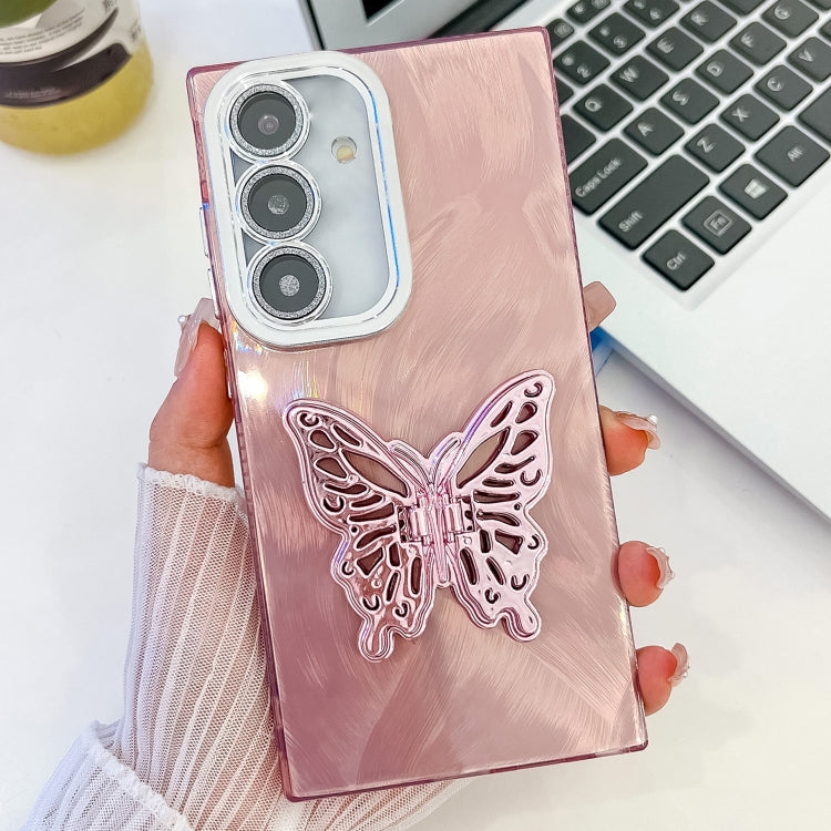 For Samsung Galaxy S25 5G Plating Glitter Texture Butterfly Holder TPU Phone Case with Lens Film(Pink Feather Yarn) - Galaxy S25 5G Cases by buy2fix | Online Shopping UK | buy2fix