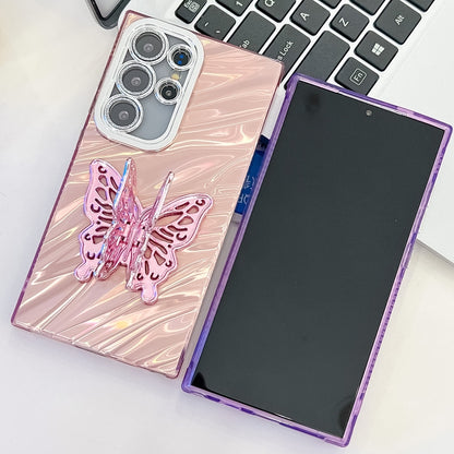 For Samsung Galaxy S25 Ultra 5G Plating Glitter Texture Butterfly Holder TPU Phone Case with Lens Film(Pink Water Ripples) - Galaxy S25 Ultra 5G Cases by buy2fix | Online Shopping UK | buy2fix