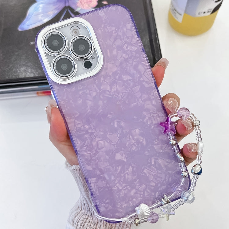 For iPhone 16 Pro Plating Glitter Texture Chain Wristband TPU Phone Case with Lens Film(Purple Shell Pattern) - iPhone 16 Pro Cases by buy2fix | Online Shopping UK | buy2fix