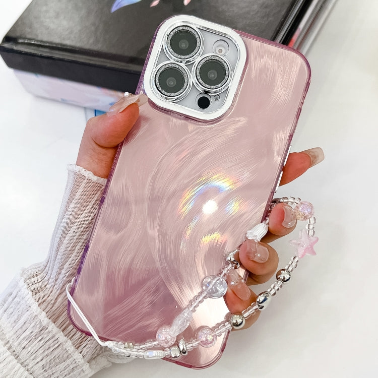 For iPhone 16 Plus Plating Glitter Texture Chain Wristband TPU Phone Case with Lens Film(Pink Feather Yarn) - iPhone 16 Plus Cases by buy2fix | Online Shopping UK | buy2fix